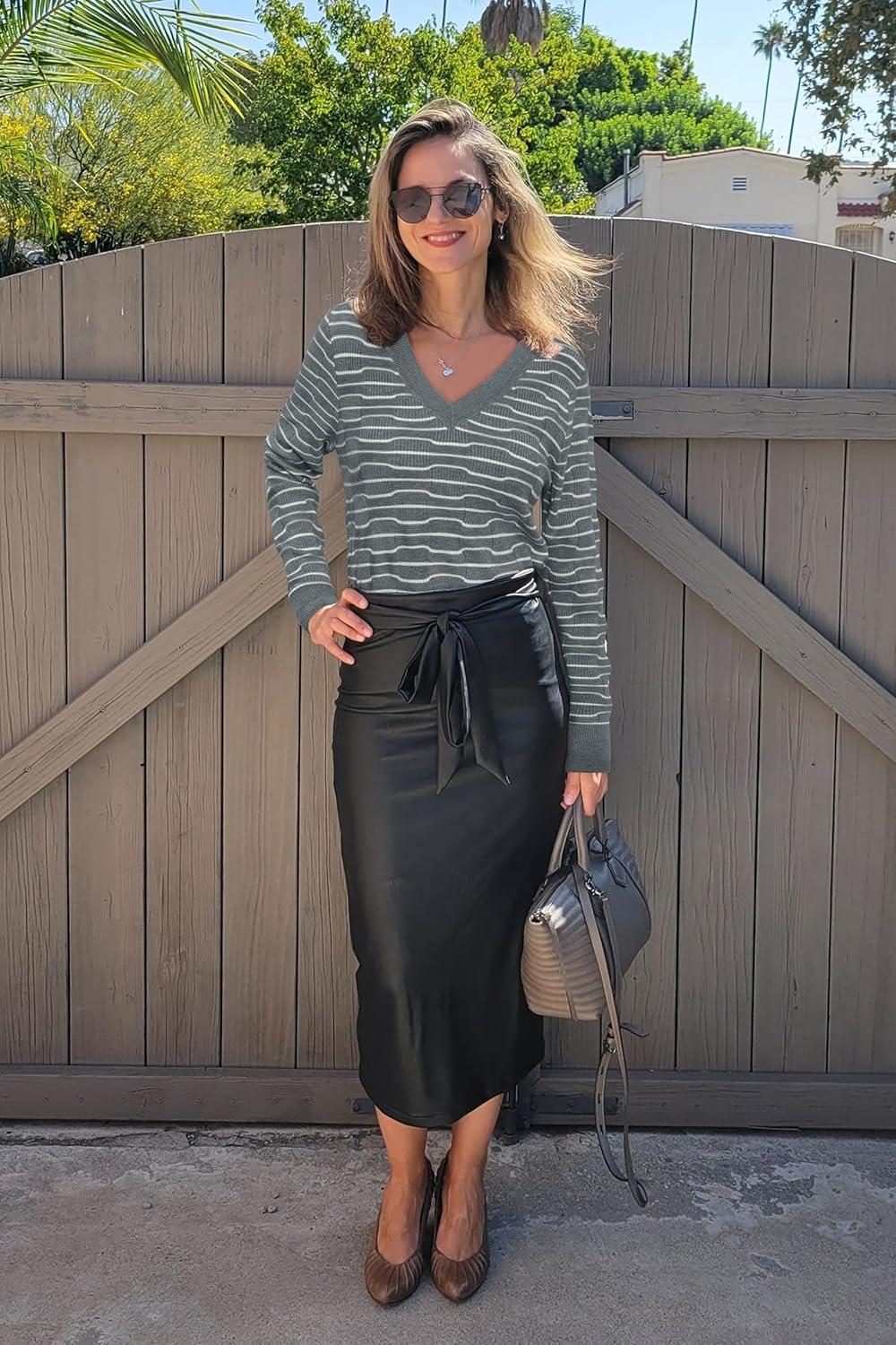 imageArachampampCloz Womens Soft V Neck Long Sleeve Fall Casual Regular Fit Sweater TopsStriped Grey White