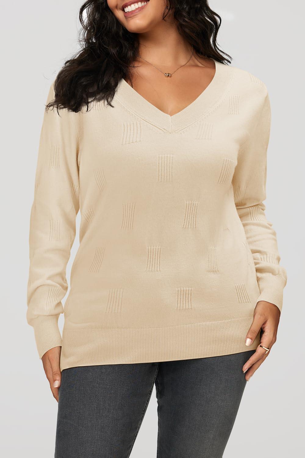 imageArachampampCloz Womens Soft V Neck Long Sleeve Fall Casual Regular Fit Sweater TopsWhite Apricot 02