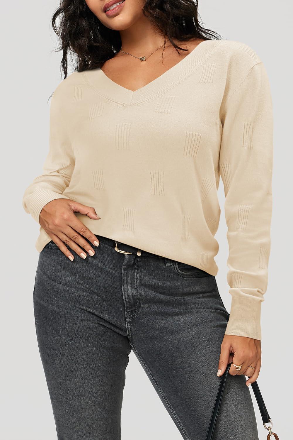 imageArachampampCloz Womens Soft V Neck Long Sleeve Fall Casual Regular Fit Sweater TopsWhite Apricot 02