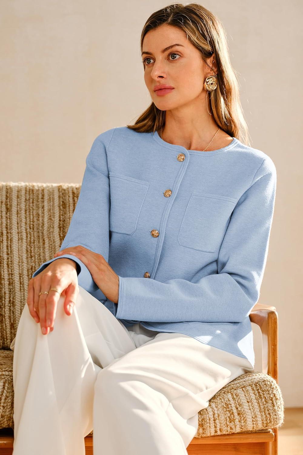 imageArachampampCloz Womens Wool Blend Sweater Blazers Business Casual Jacket with Pockets 2025Blue