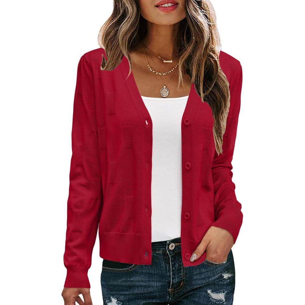 imageArachampampCloz Womens Soft Cropped Cardigan Casual Lightweight Shrug Sweater TopsRed