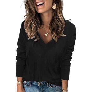 Arach&Cloz Women’s Soft V Neck Long Sleeve Fall Casual Regular Fit Sweater Tops(Black)