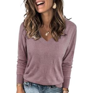 Arach&Cloz Women’s Soft V Neck Long Sleeve Fall Casual Regular Fit Sweater Tops(Heather Khaki)