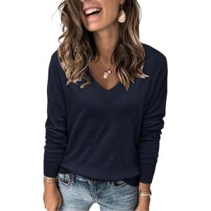 Arach&Cloz Women’s Soft V Neck Long Sleeve Fall Casual Regular Fit Sweater Tops(Navy)