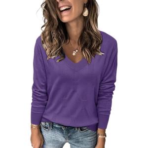 Arach&Cloz Women’s Soft V Neck Long Sleeve Fall Casual Regular Fit Sweater Tops(Purple)