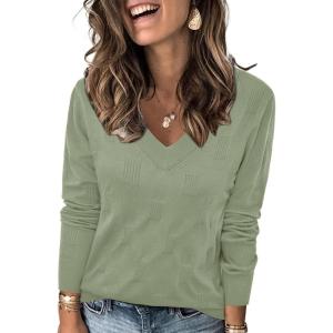 Arach&Cloz Women’s Soft V Neck Long Sleeve Fall Casual Regular Fit Sweater Tops(Sage Green)