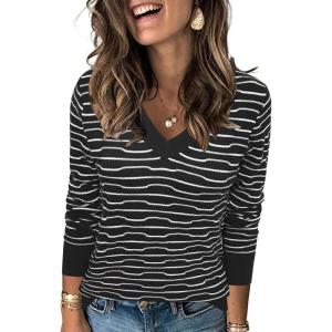 Arach&Cloz Women’s Soft V Neck Long Sleeve Fall Casual Regular Fit Sweater Tops(Striped Black White)