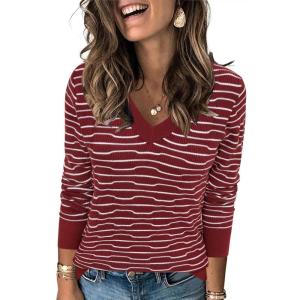 Arach&Cloz Women’s Soft V Neck Long Sleeve Fall Casual Regular Fit Sweater Tops(Striped Dark Red White)