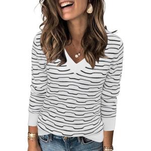 Arach&Cloz Women’s Soft V Neck Long Sleeve Fall Casual Regular Fit Sweater Tops(Striped White Black)