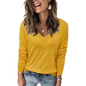 Arach&Cloz Women’s Soft V Neck Long Sleeve Fall Casual Regular Fit Sweater Tops(Yellow)