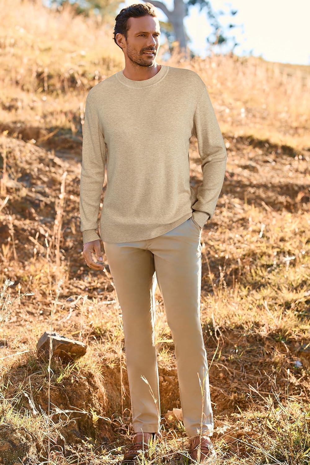 imageArachampampCloz Mens Wool Blend Loose Fit Sweater Ultra Soft 2025 Spring Bottoming Crewneck Fashion PulloverApricot