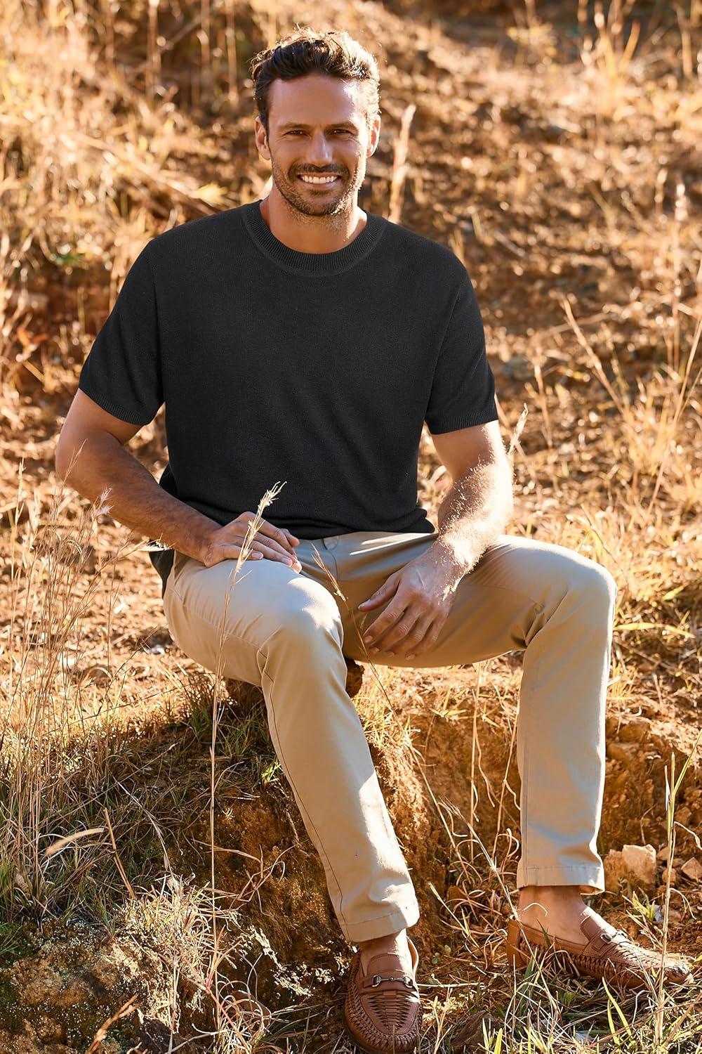 imageArachampampCloz Mens Wool Blend Loose Fit Sweater Ultra Soft 2025 Spring Bottoming Crewneck Fashion PulloverBlack