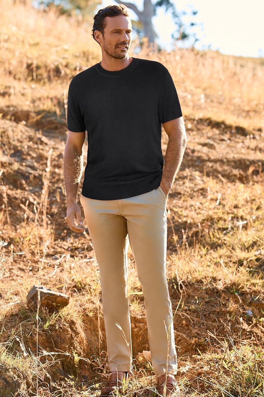 imageArachampampCloz Mens Wool Blend Loose Fit Sweater Ultra Soft 2025 Spring Bottoming Crewneck Fashion PulloverBlack