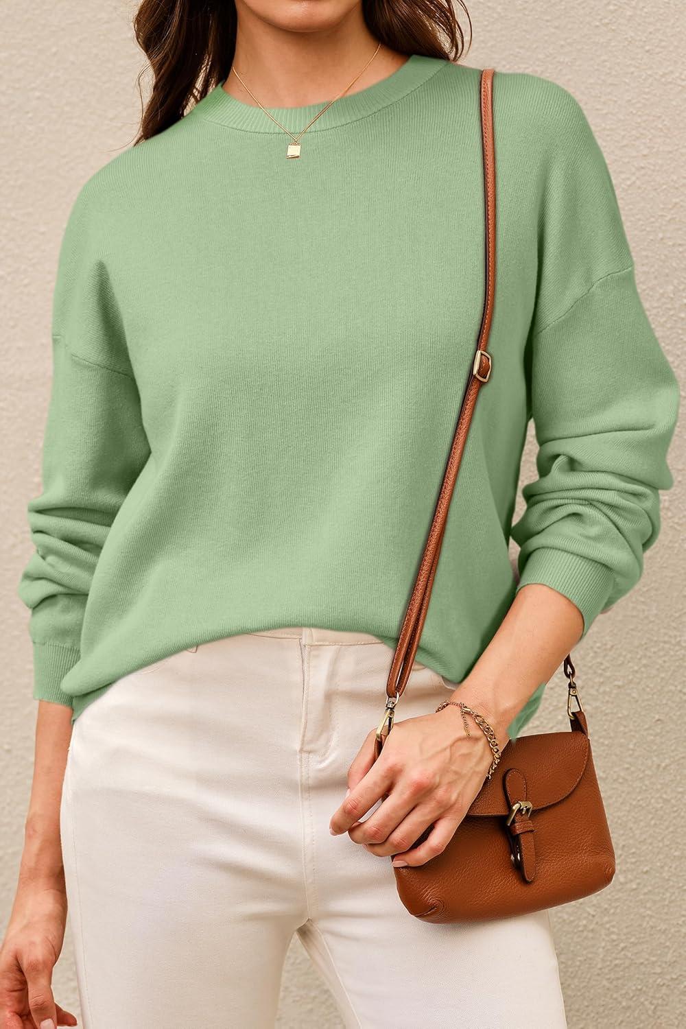 imageArachampampCloz Womens 100 Cotton Crew Neck Fall Casual Relaxed Fit Sweater Tops 2025Sage Green