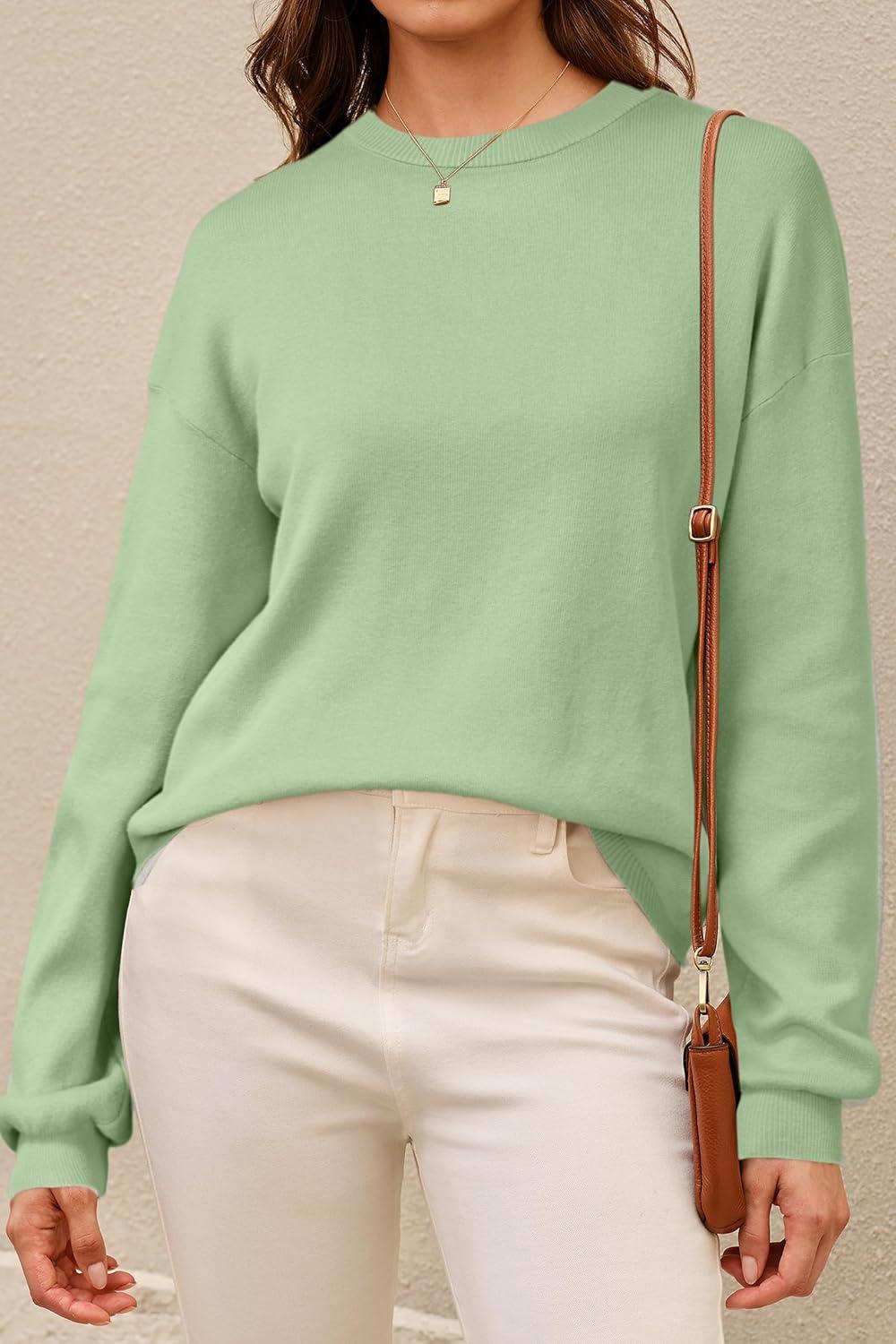 imageArachampampCloz Womens 100 Cotton Crew Neck Fall Casual Relaxed Fit Sweater Tops 2025Sage Green