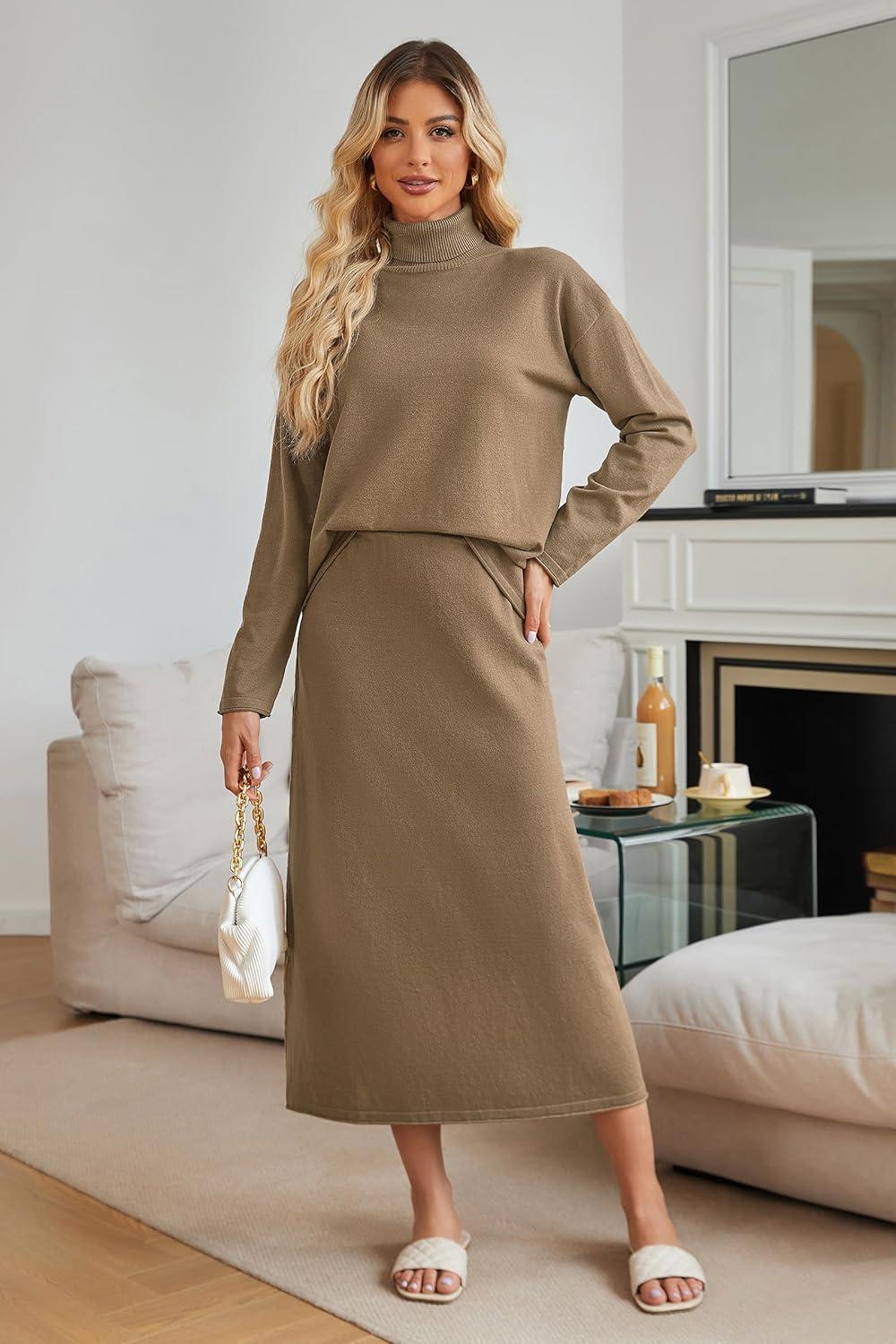 imageArachampampCloz Womens 2 Piece Sweaters Sets Turtleneck Long Sleeve Tops Long Maxi Skirt Casual Fall Fashion 2024 OutfitsCamel