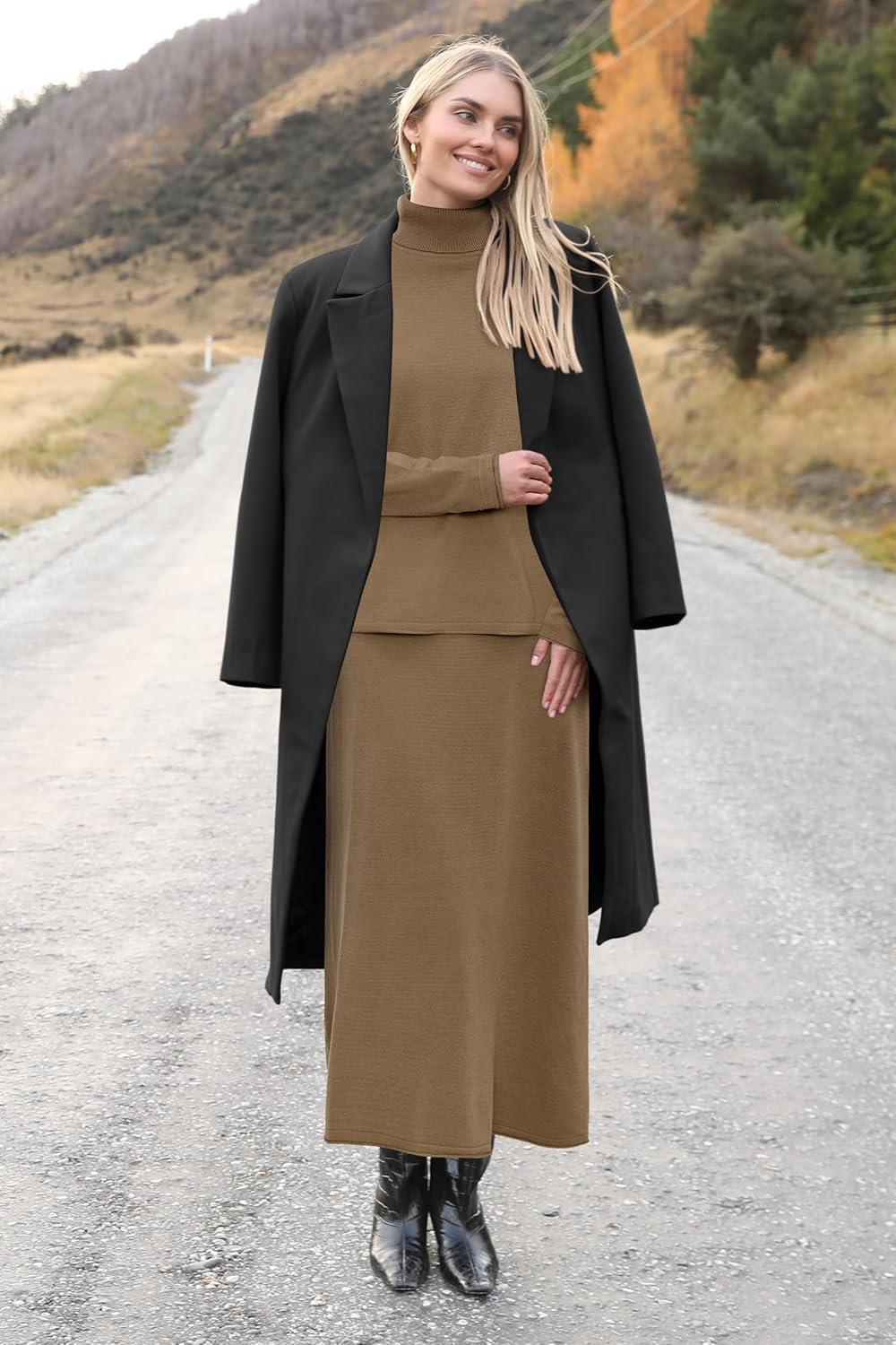 imageArachampampCloz Womens 2 Piece Sweaters Sets Turtleneck Long Sleeve Tops Long Maxi Skirt Casual Fall Fashion 2024 OutfitsCamel