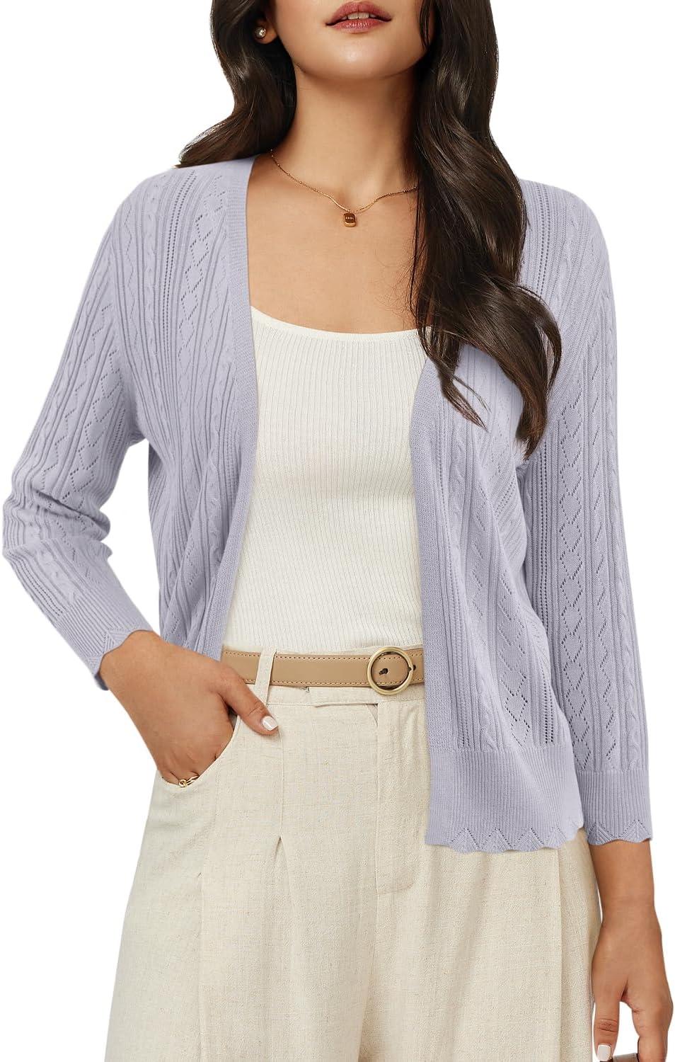 imageArachampampCloz Womens 2024 Lightweight Summer Cardigan 34 Sleeve Crochet Patterns Knit Shrug Sweater TopsGrey