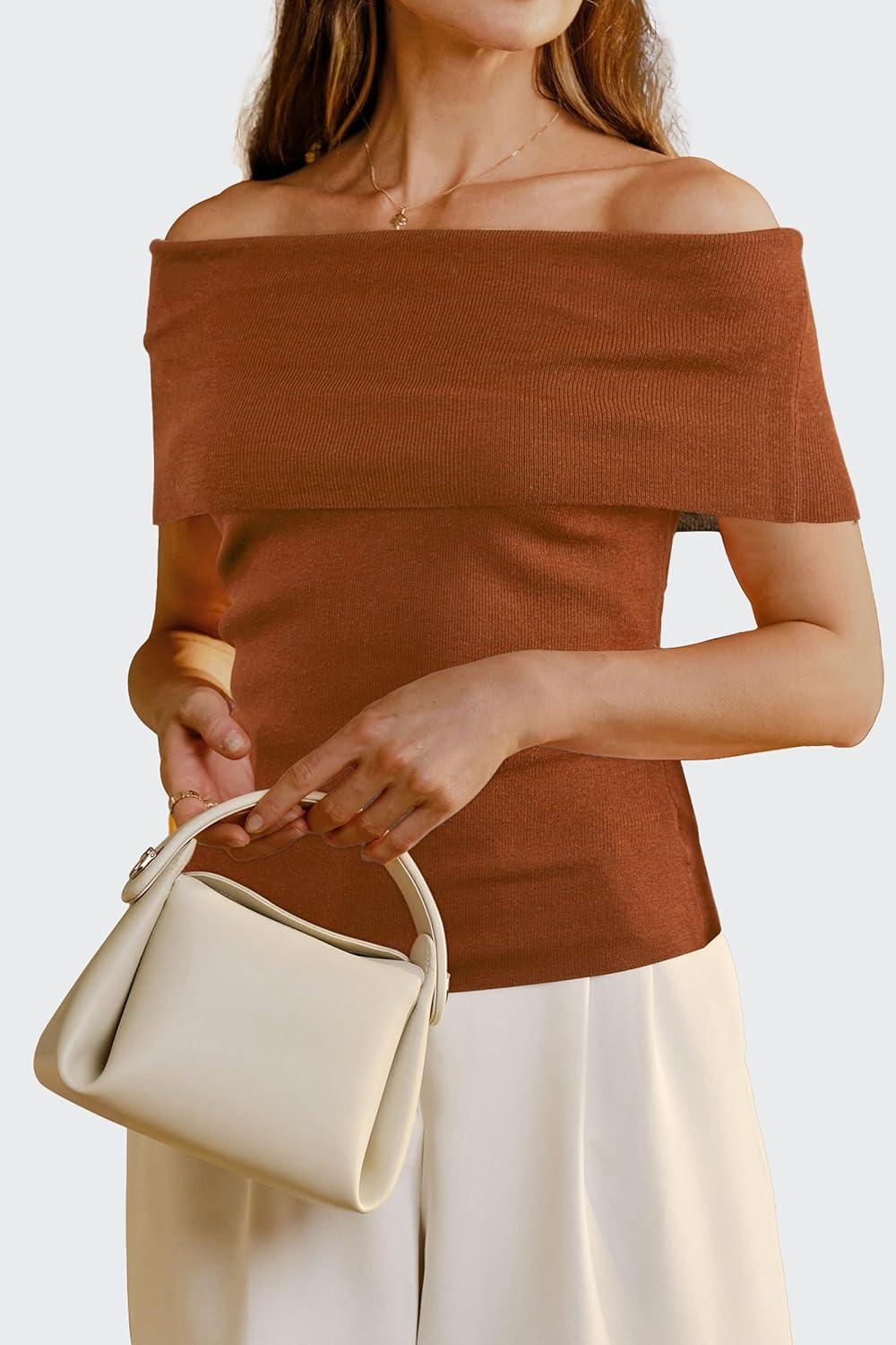 imageArachampampCloz Womens Convertible Neckline OffShoulder Cowl Neck Slim Fit Tops 2025Caramel