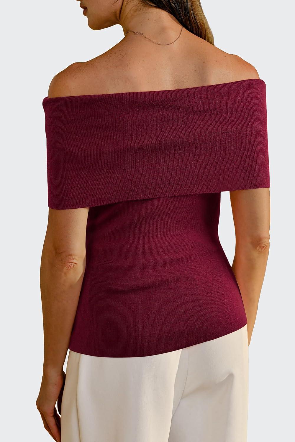 imageArachampampCloz Womens Convertible Neckline OffShoulder Cowl Neck Slim Fit Tops 2025Wine Red