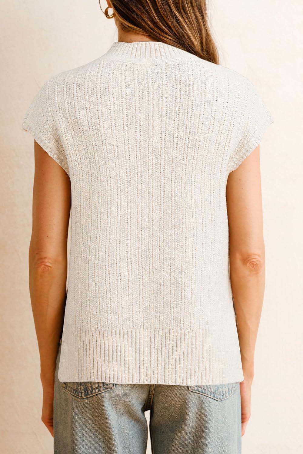 imageArachampampCloz Womens Cotton Blend Cap Sleeve Side Slit Sweater Vest Fall Casual Tops 2025Offwhite