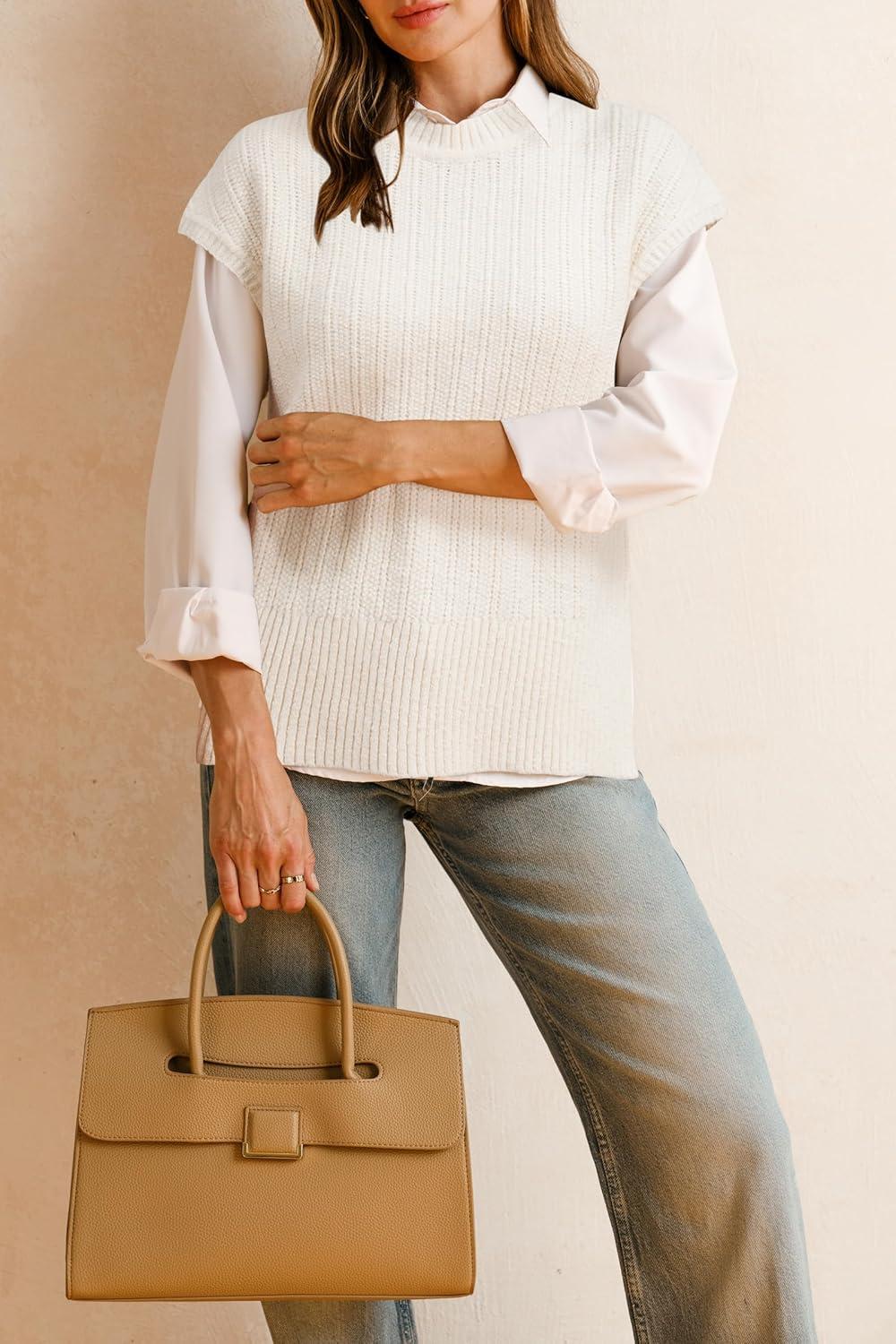 imageArachampampCloz Womens Cotton Blend Cap Sleeve Side Slit Sweater Vest Fall Casual Tops 2025Offwhite