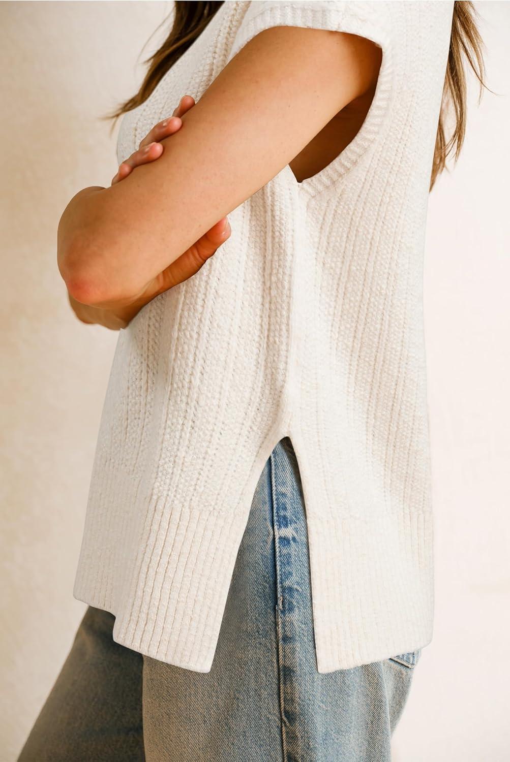 imageArachampampCloz Womens Cotton Blend Cap Sleeve Side Slit Sweater Vest Fall Casual Tops 2025Offwhite