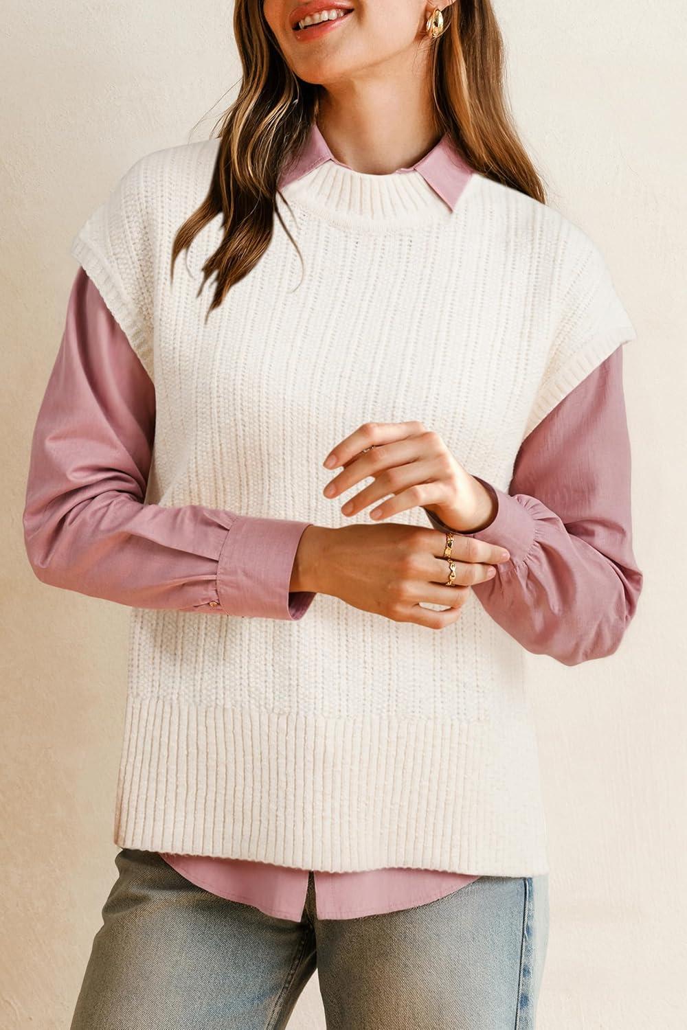 imageArachampampCloz Womens Cotton Blend Cap Sleeve Side Slit Sweater Vest Fall Casual Tops 2025Offwhite