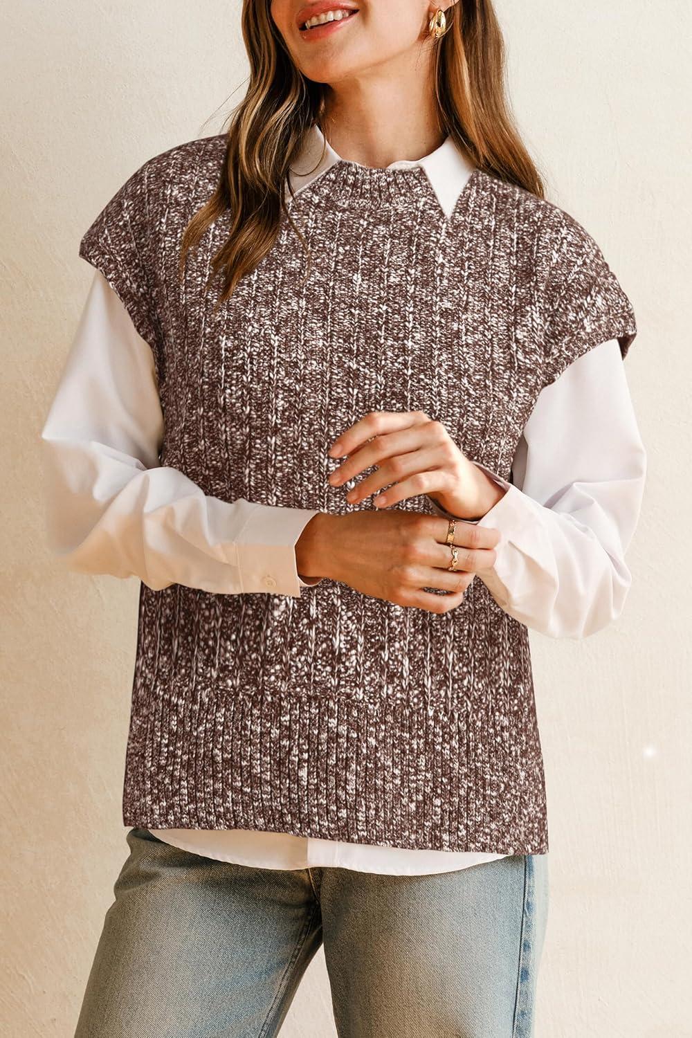 imageArachampampCloz Womens Cotton Blend Cap Sleeve Side Slit Sweater Vest Fall Casual Tops 2025White Brown