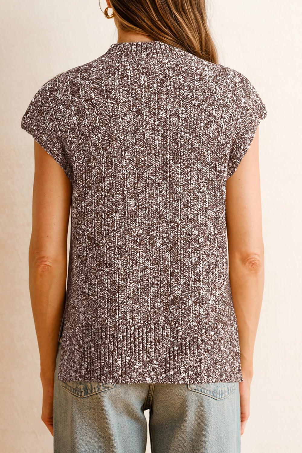 imageArachampampCloz Womens Cotton Blend Cap Sleeve Side Slit Sweater Vest Fall Casual Tops 2025White Brown