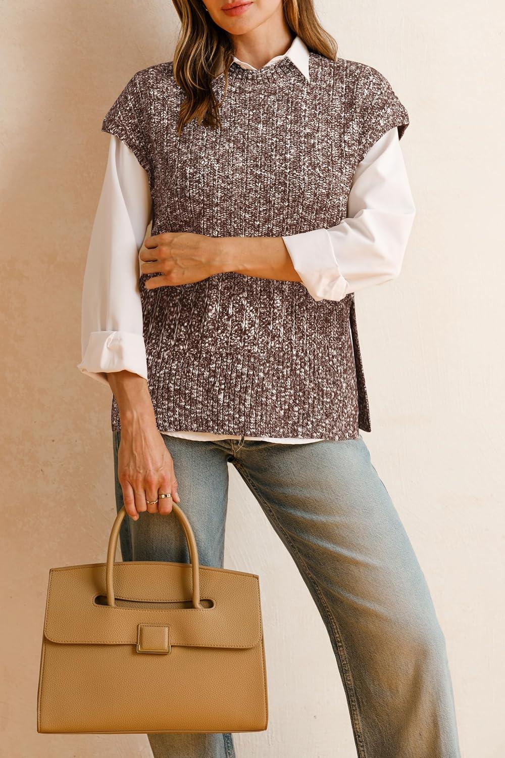 imageArachampampCloz Womens Cotton Blend Cap Sleeve Side Slit Sweater Vest Fall Casual Tops 2025White Brown