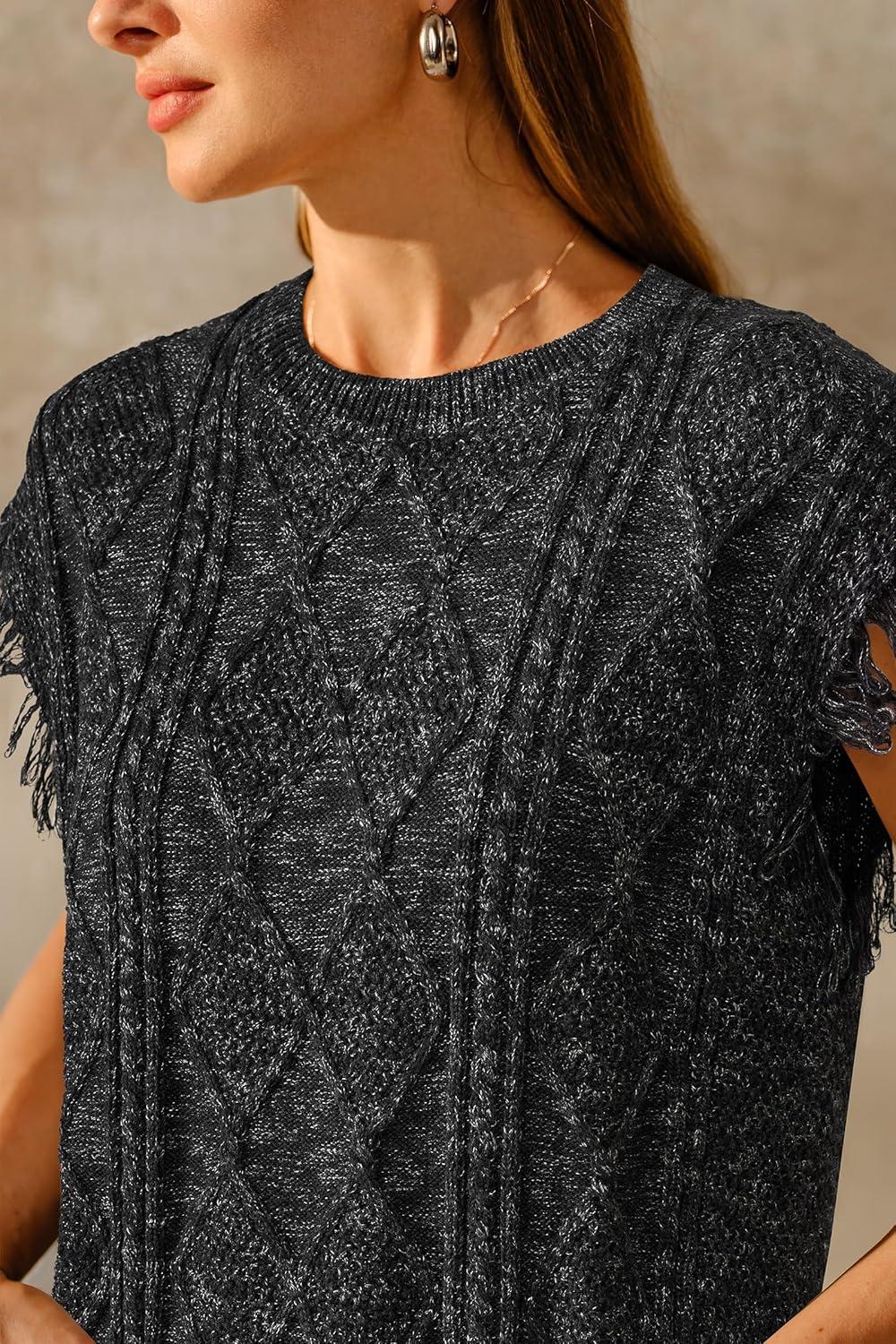 imageArachampampCloz Womens Cozy Cotton Fringe Cable Knit Western Outfits Fall Sweater Vests 2025Black Heather