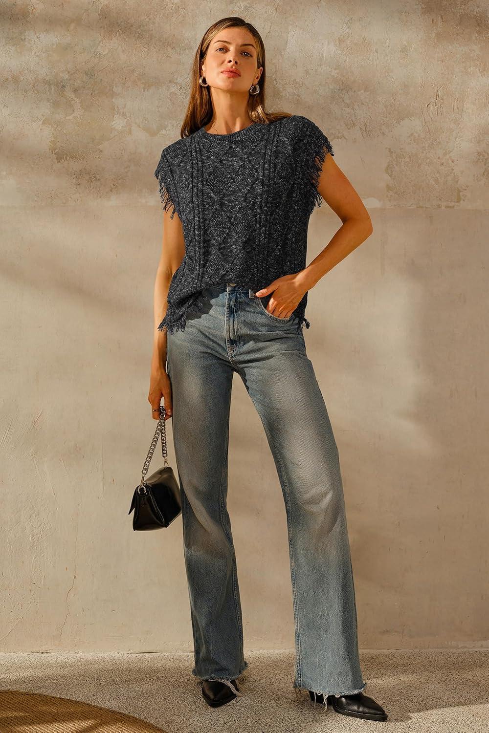 imageArachampampCloz Womens Cozy Cotton Fringe Cable Knit Western Outfits Fall Sweater Vests 2025Black Heather