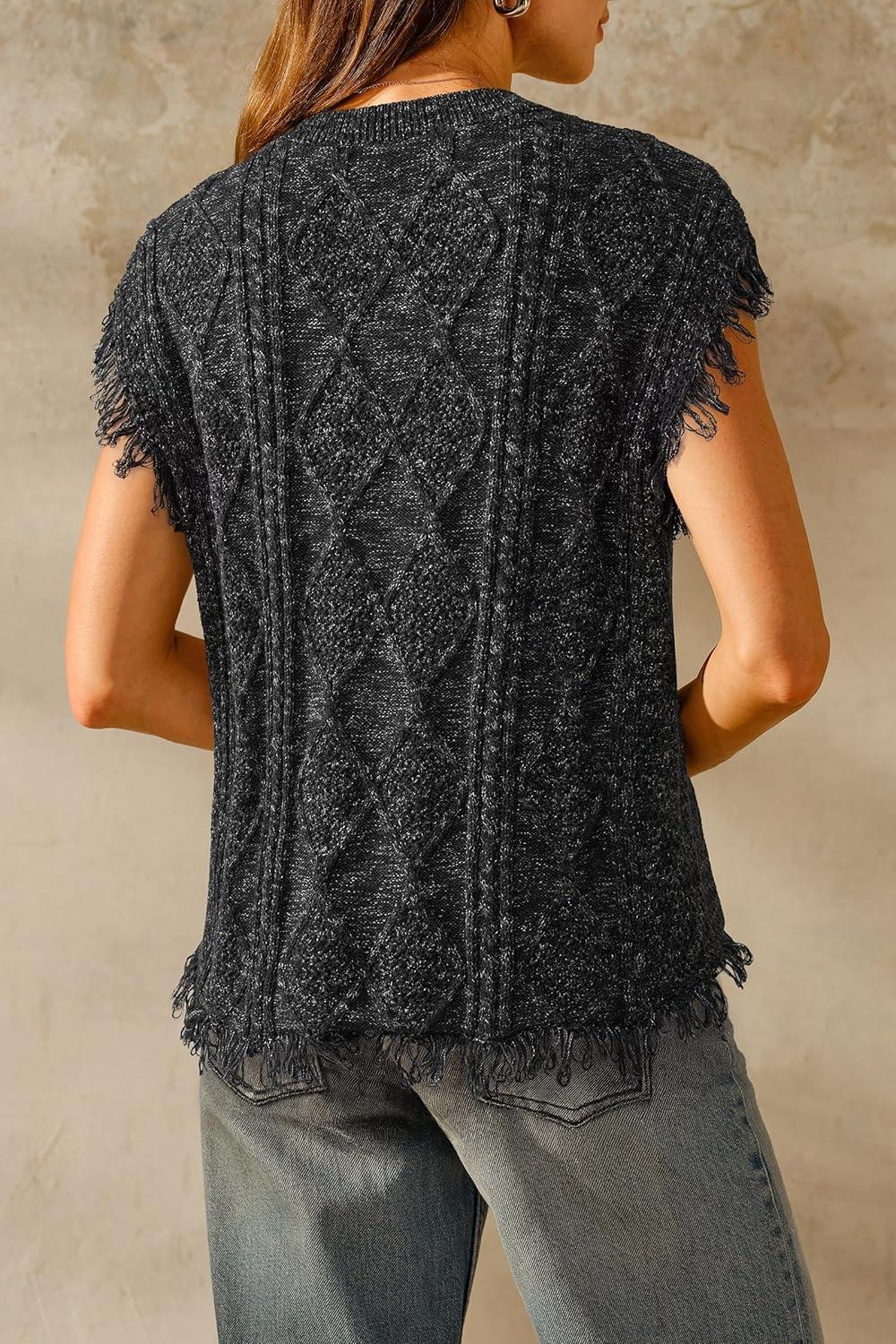 imageArachampampCloz Womens Cozy Cotton Fringe Cable Knit Western Outfits Fall Sweater Vests 2025Black Heather