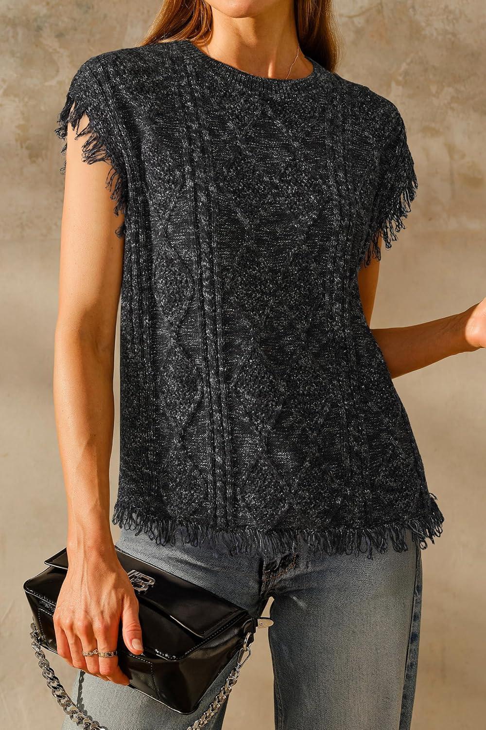 imageArachampampCloz Womens Cozy Cotton Fringe Cable Knit Western Outfits Fall Sweater Vests 2025Black Heather