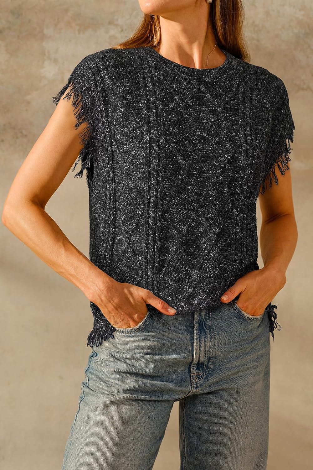 imageArachampampCloz Womens Cozy Cotton Fringe Cable Knit Western Outfits Fall Sweater Vests 2025Black Heather