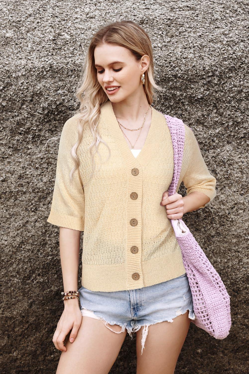 imageArachampampCloz Womens Lightweight Cardigan Short Sleeve Shrugs Button Crochet Knit Fashion Sweaters Tops Cozy CloudsApricot