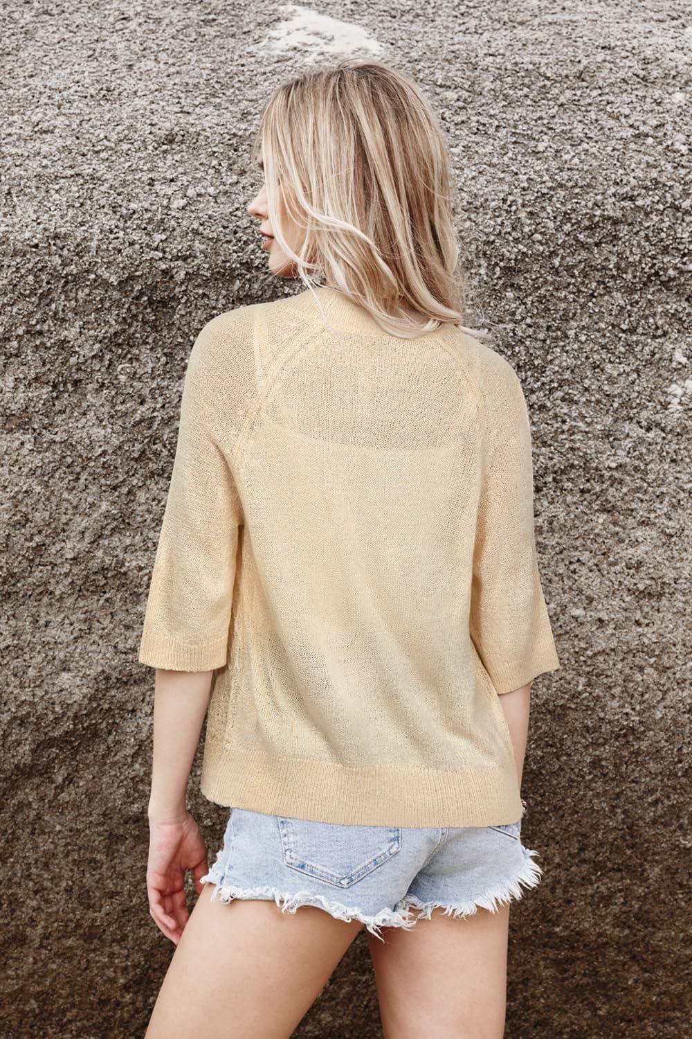 imageArachampampCloz Womens Lightweight Cardigan Short Sleeve Shrugs Button Crochet Knit Fashion Sweaters Tops Cozy CloudsApricot