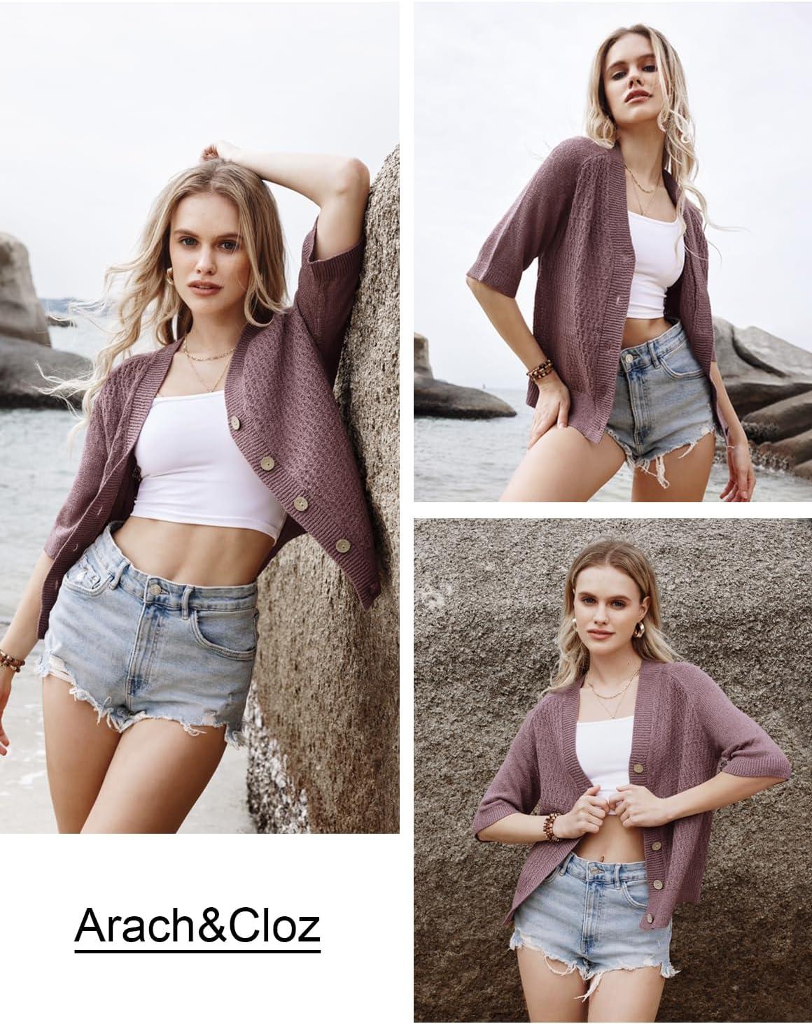 imageArachampampCloz Womens Lightweight Cardigan Short Sleeve Shrugs Button Crochet Knit Fashion Sweaters Tops Cozy CloudsGrey Purple