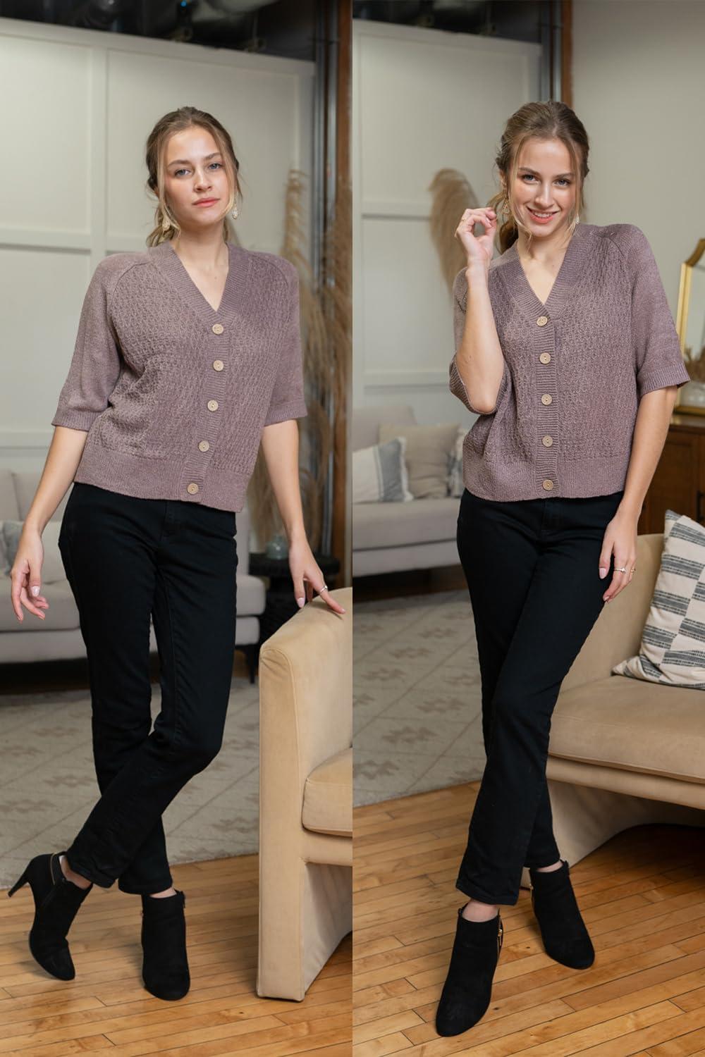 imageArachampampCloz Womens Lightweight Cardigan Short Sleeve Shrugs Button Crochet Knit Fashion Sweaters Tops Cozy CloudsGrey Purple