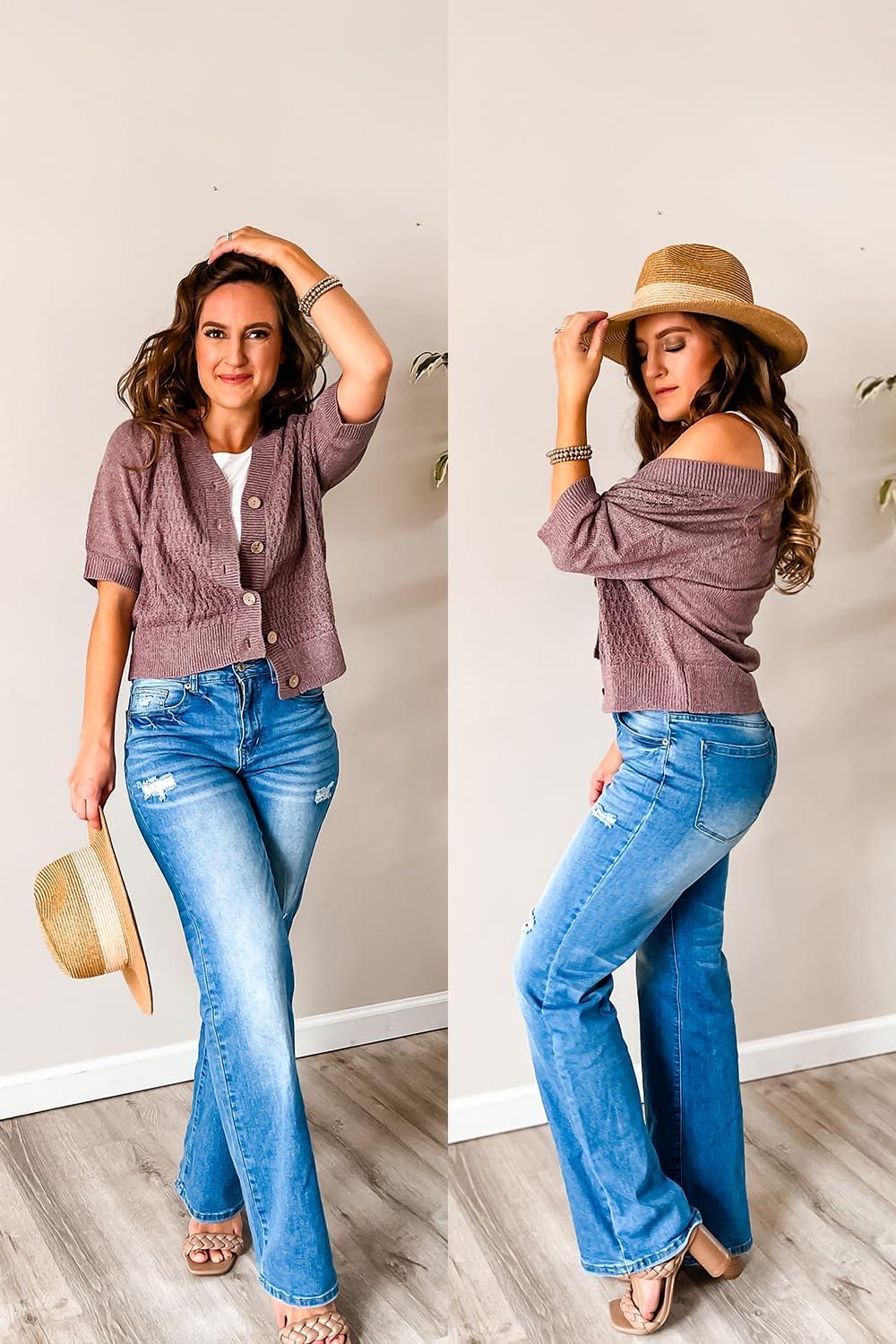 imageArachampampCloz Womens Lightweight Cardigan Short Sleeve Shrugs Button Crochet Knit Fashion Sweaters Tops Cozy CloudsGrey Purple