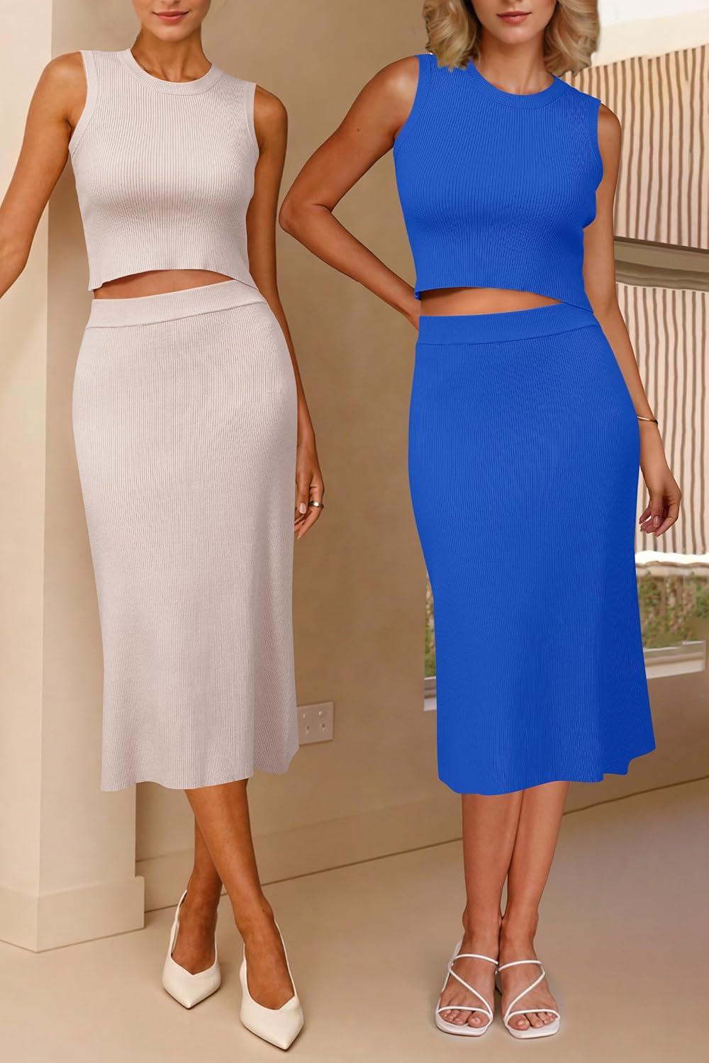 imageArachampampCloz Womens Non See Through 2 Piece Sets Early Fall Tank Top and Midi Skirt Knit OutfitsApricot