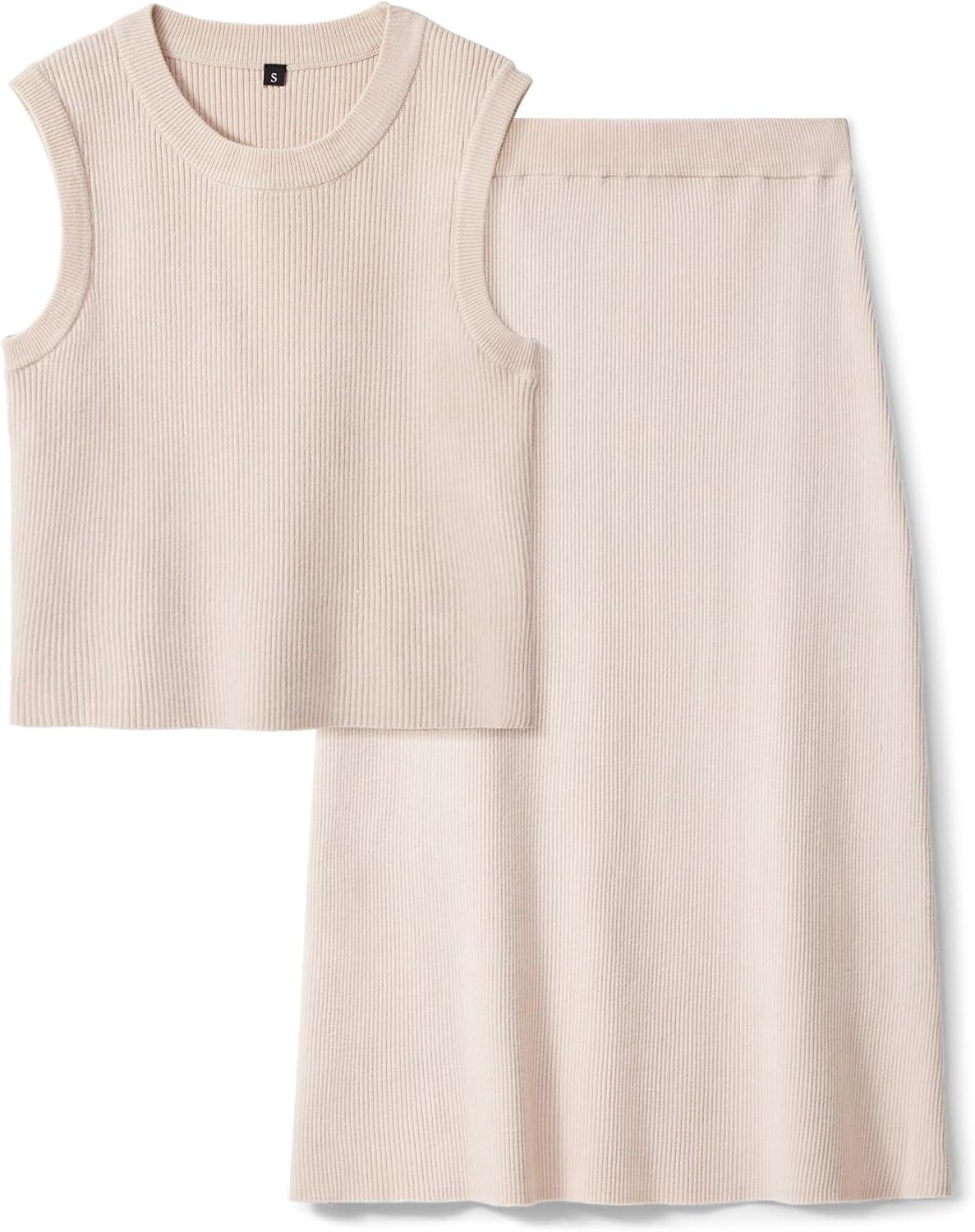 imageArachampampCloz Womens Non See Through 2 Piece Sets Early Fall Tank Top and Midi Skirt Knit OutfitsApricot