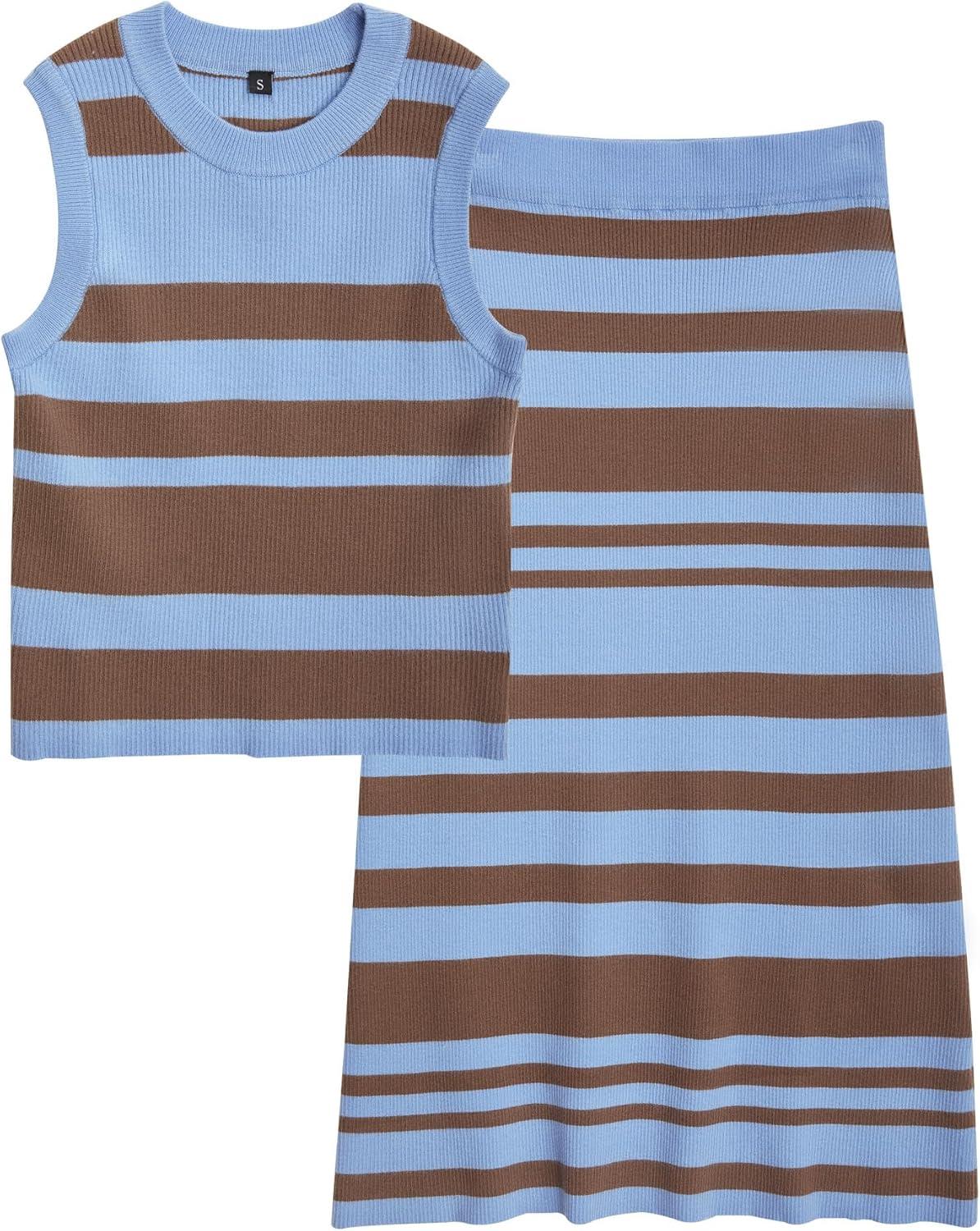 imageArachampampCloz Womens Non See Through 2 Piece Sets Early Fall Tank Top and Midi Skirt Knit OutfitsBluecoffee