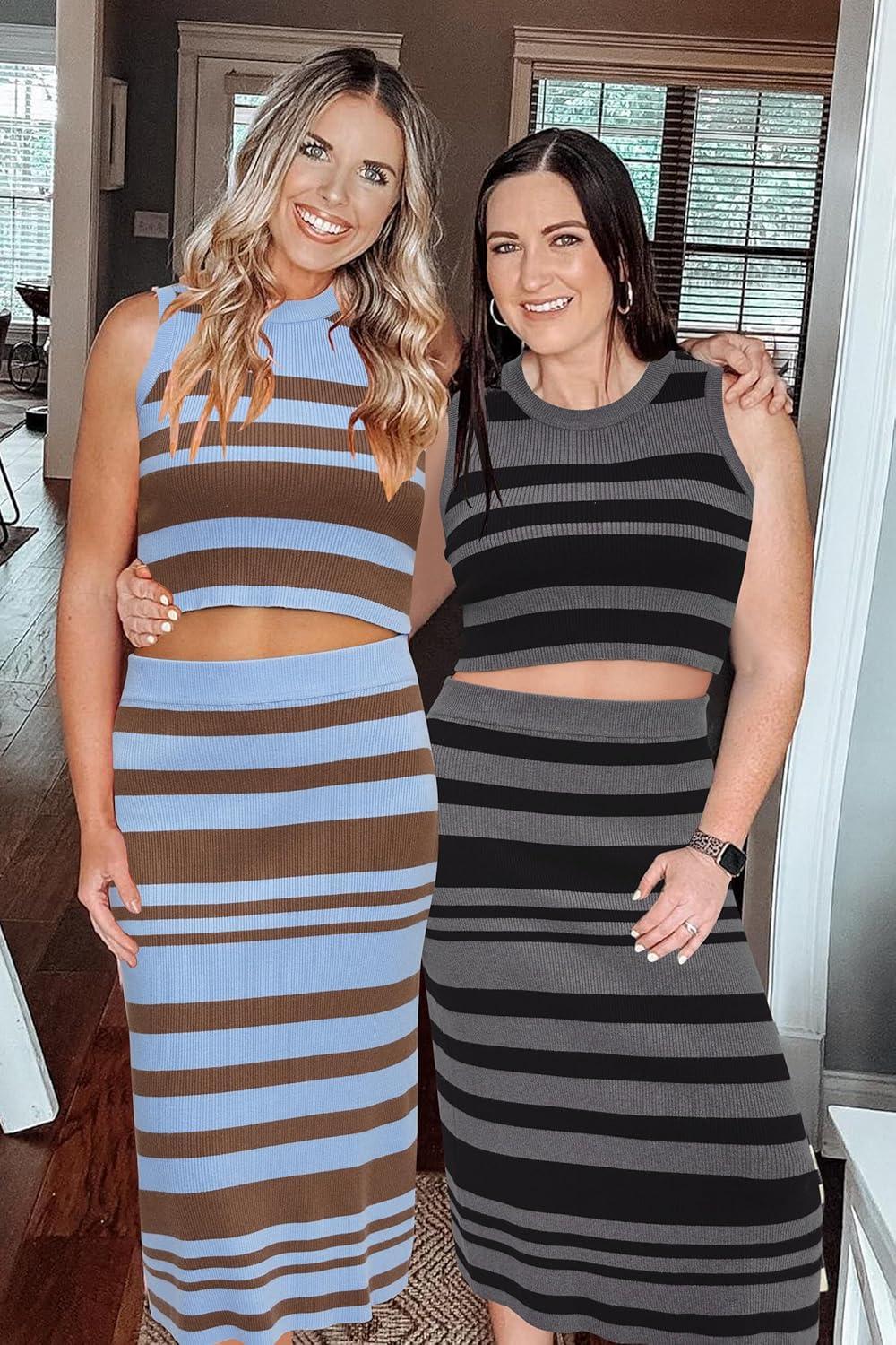 imageArachampampCloz Womens Non See Through 2 Piece Sets Early Fall Tank Top and Midi Skirt Knit OutfitsBluecoffee