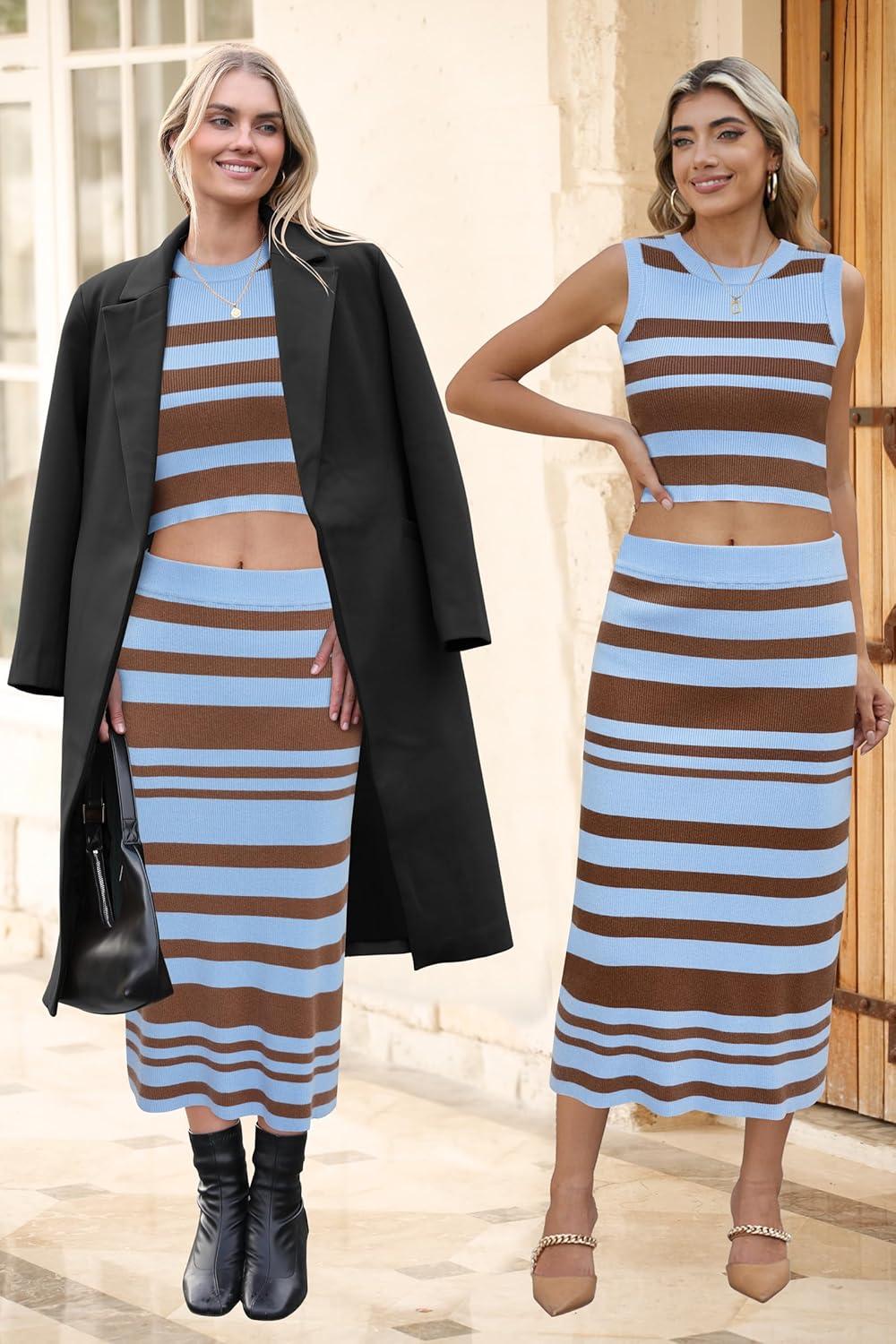 imageArachampampCloz Womens Non See Through 2 Piece Sets Early Fall Tank Top and Midi Skirt Knit OutfitsBluecoffee