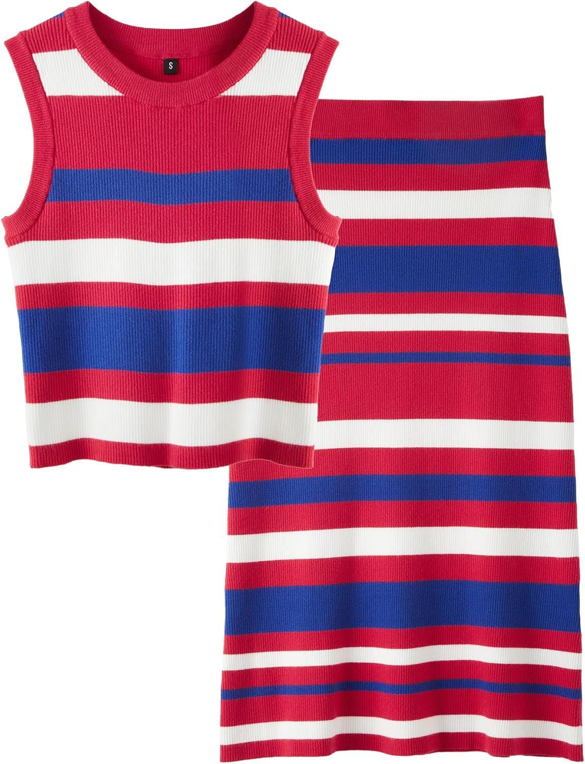 imageArachampampCloz Womens Non See Through 2 Piece Sets Early Fall Tank Top and Midi Skirt Knit OutfitsDark Rednavy