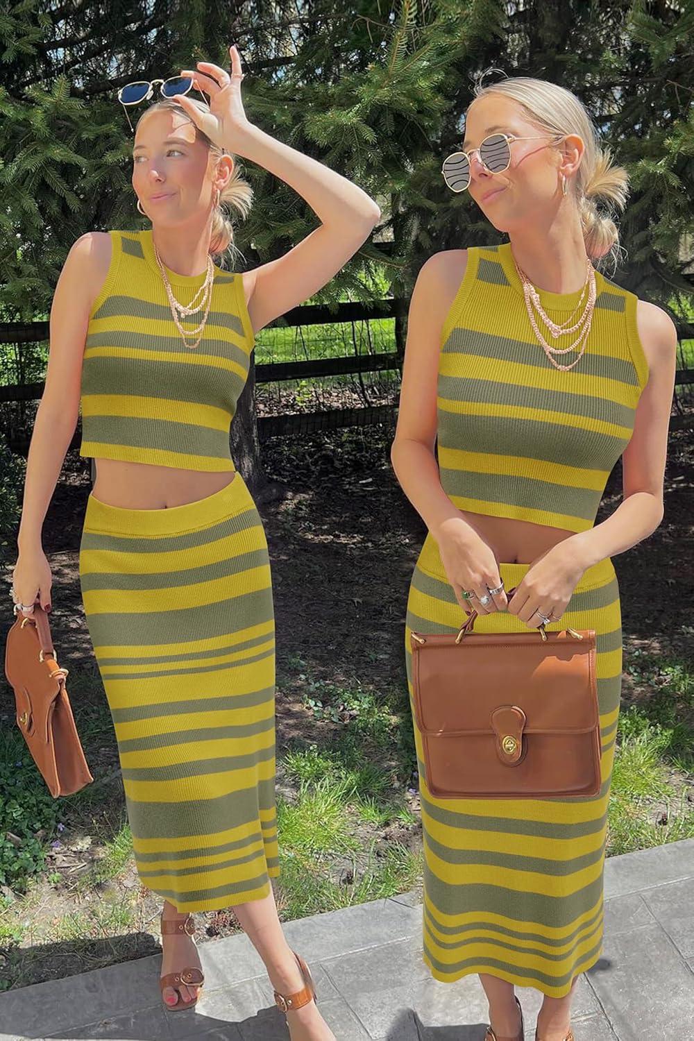 imageArachampampCloz Womens Non See Through 2 Piece Sets Early Fall Tank Top and Midi Skirt Knit OutfitsDark Yellowgreen