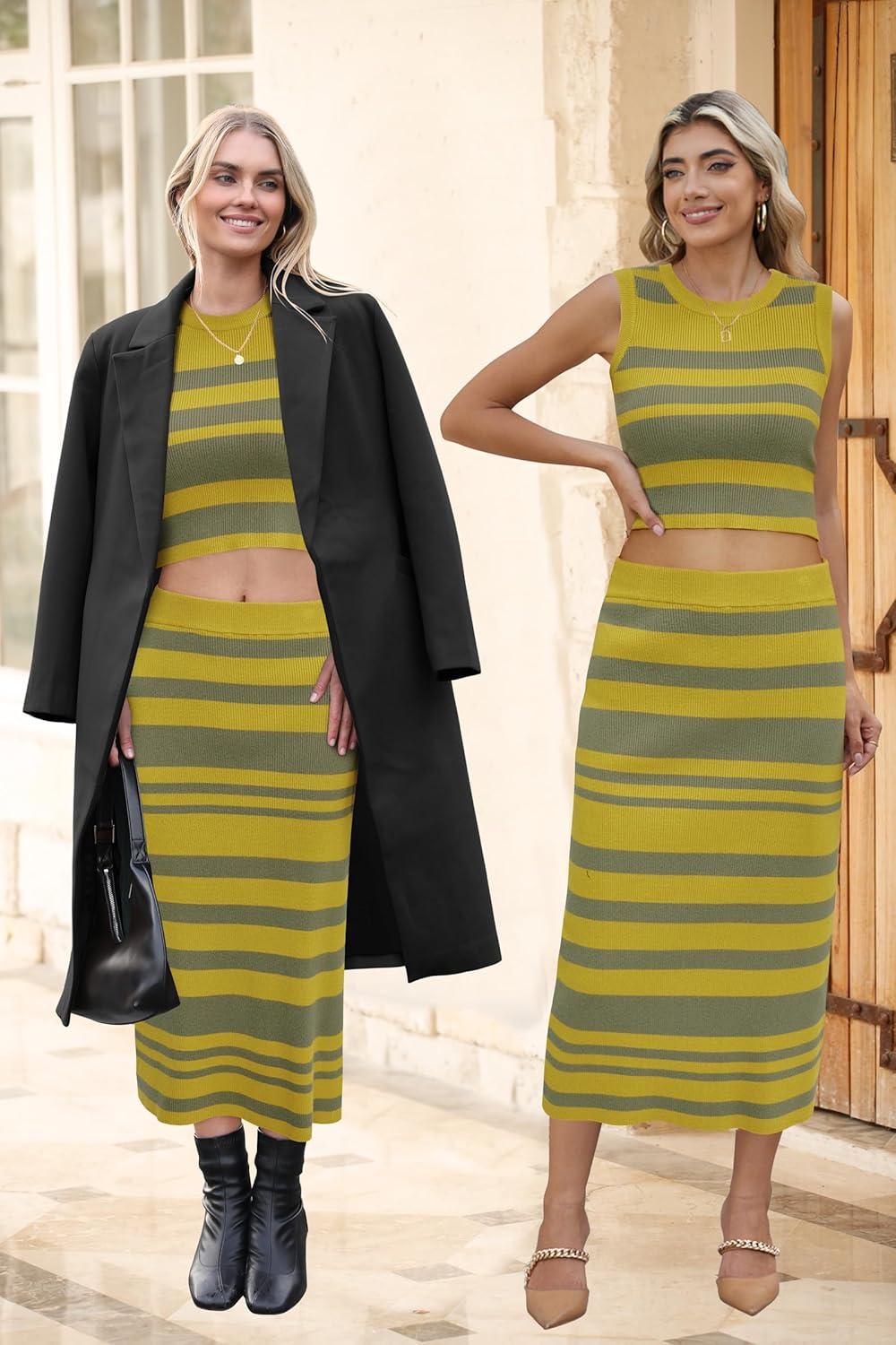 imageArachampampCloz Womens Non See Through 2 Piece Sets Early Fall Tank Top and Midi Skirt Knit OutfitsDark Yellowgreen