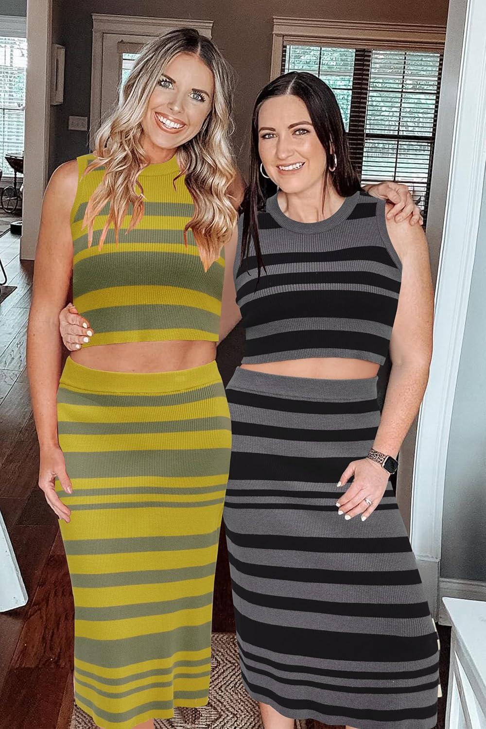 imageArachampampCloz Womens Non See Through 2 Piece Sets Early Fall Tank Top and Midi Skirt Knit OutfitsDark Yellowgreen